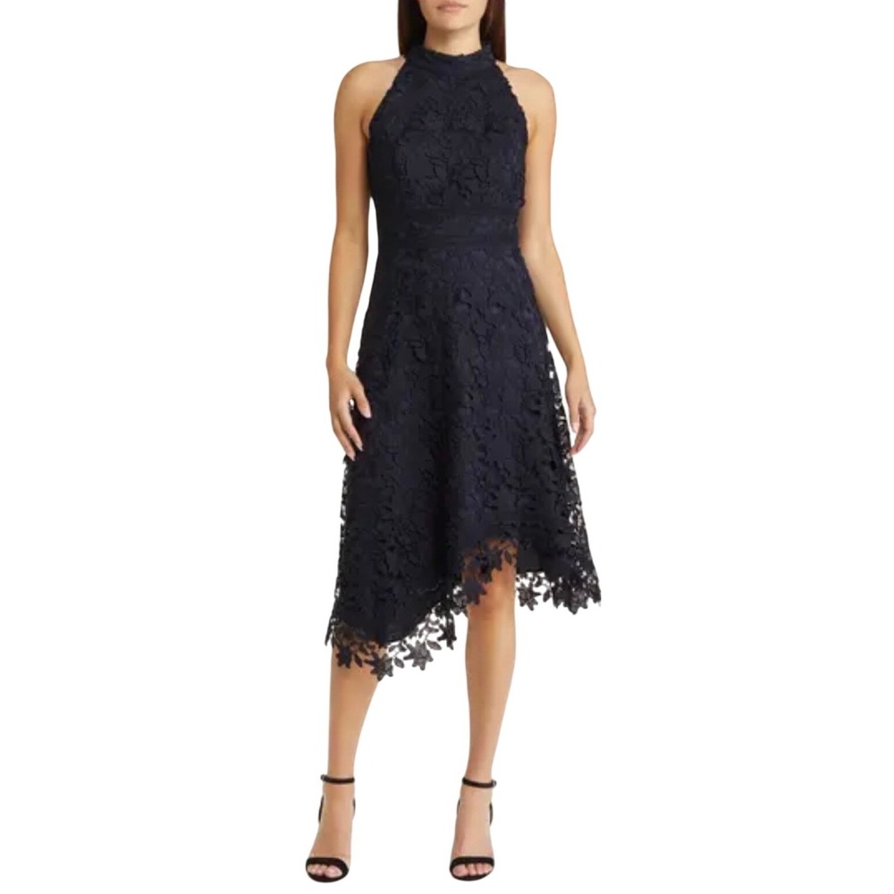 New Eliza‎ J Women Asymmetric Hem Mock Neck Lace Dress size 18 Navy Cocktail - Picture 2 of 16